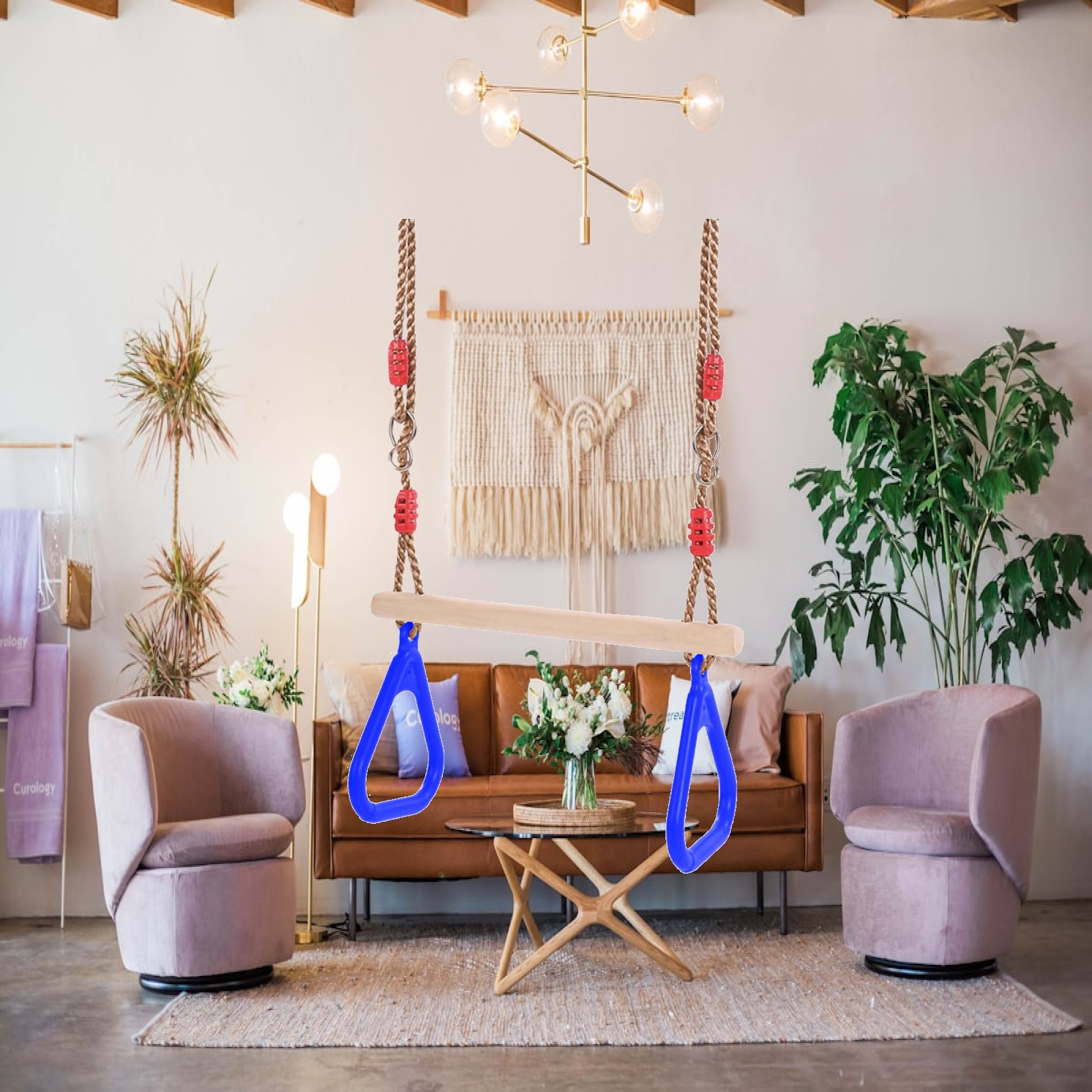 Gymnastic Ring Wood - 屋内外で楽しめるブランコセット、裏庭用木製バー、体操リング、丈夫なロープ遊具（子供用）