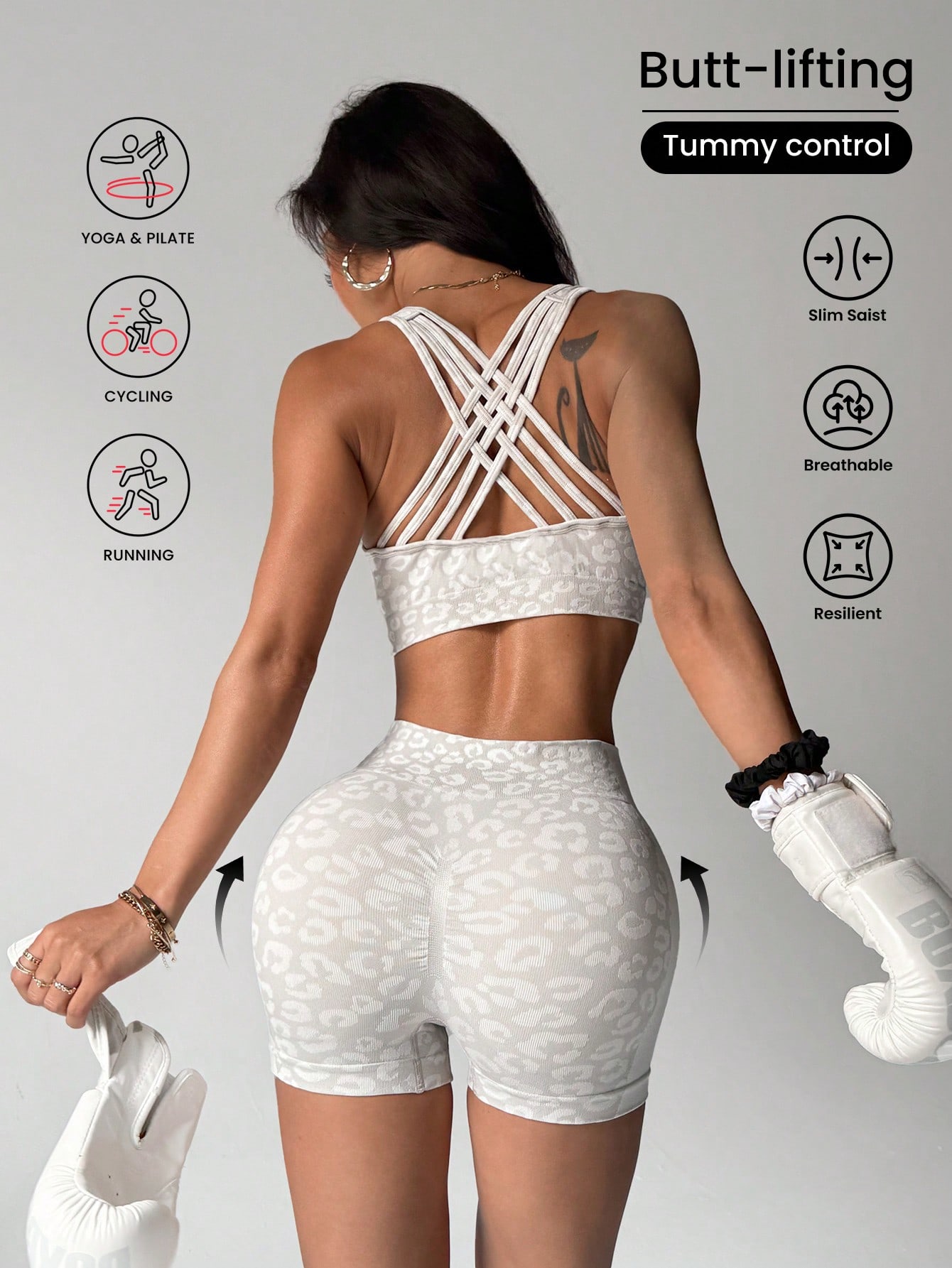Crossfit Lifting - ハイウエストで腹部を包み込むレオパード柄のヨガセット（女性用）、ヒップアップ効果があり、外でも着用できるタイトフィットタイプ、ランニングピーチ