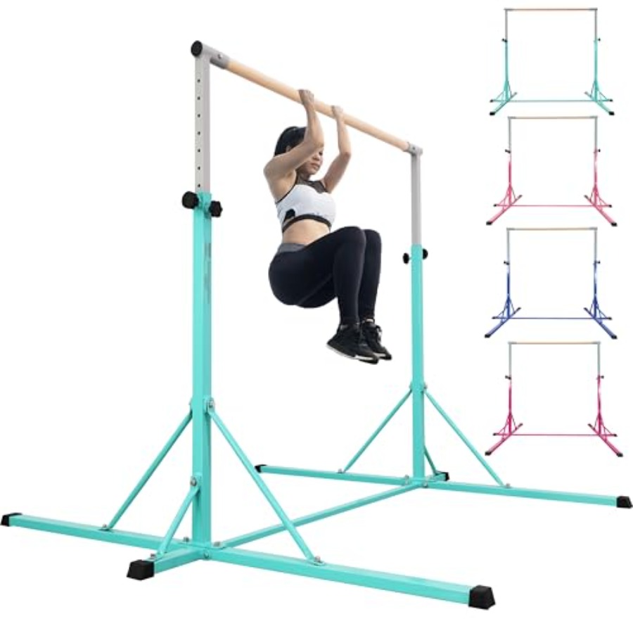 Gymnastic Ring Wood - ホームジムトレーニング用体操バー、ブナ材被覆グラスファイバー、天然木色、耐荷重500ポンド、高さ45～71インチ調整可能
